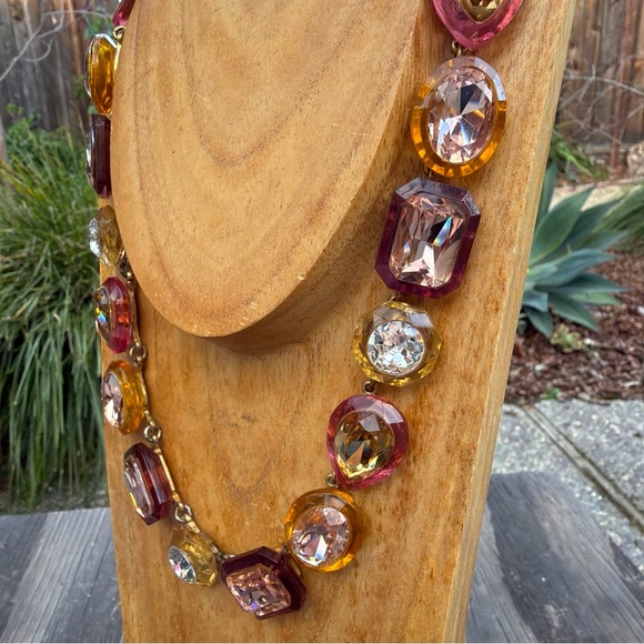 J Crew Statement Necklace Multi Color Jewel Box  18” Gold Tone Chain - Picture 3 of 8